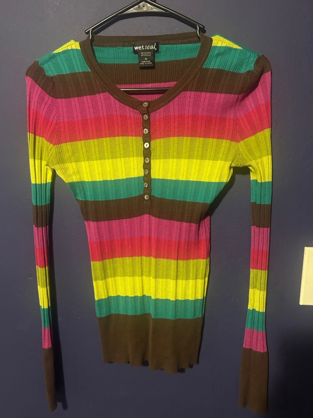 Multicolor Striped Ribbed Long Sleeve Henley Top